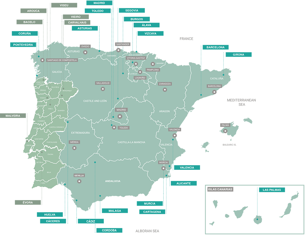 Plantaciones de Bosquia en España y Portugal